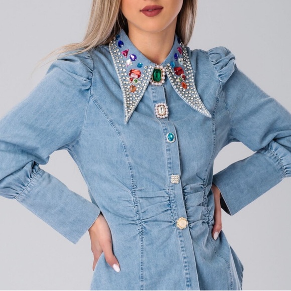 NEW WOMEN’S DENIM DIAMOND BEADED SHIRT - Picture 3 of 7